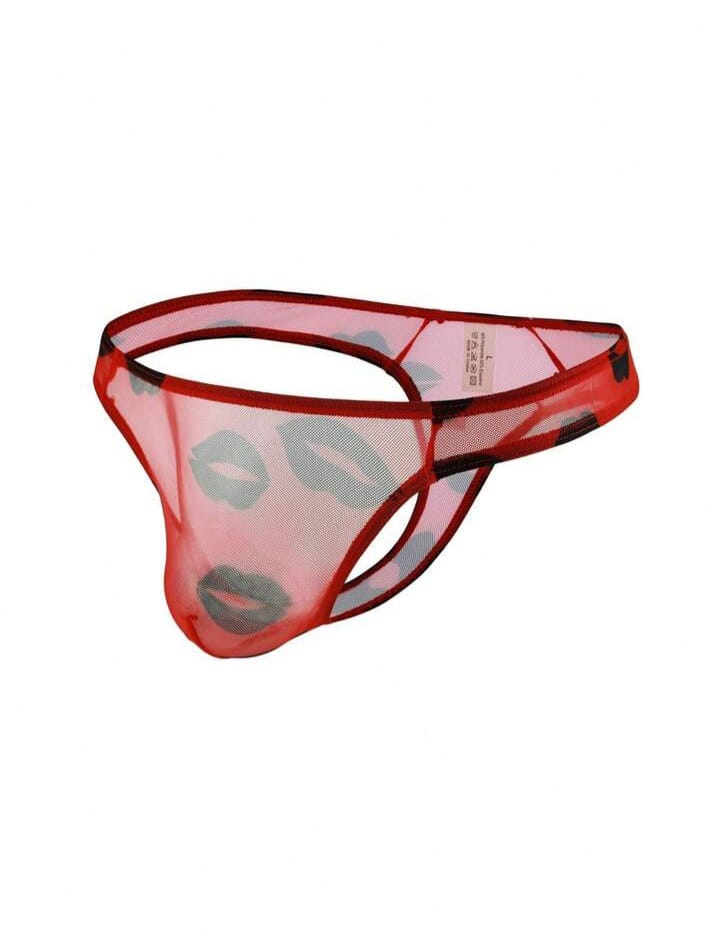 Men's Mesh Red Lip Print Semi-Transparent Underwear